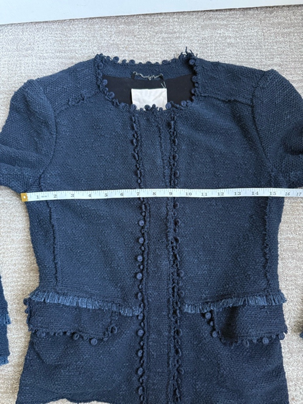 Rebecca Taylor Navy Jacket Size 0 Boucle with Fringe Trim - Picture 10 of 11
